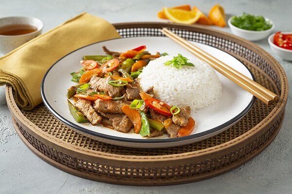 Chinese Orange Beef Stir Fry with Capsicum and Snow Peas