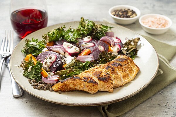 Moroccan Spice Chicken with Roasted Carrots, Beets, Crispy Kale and Warm Lentils