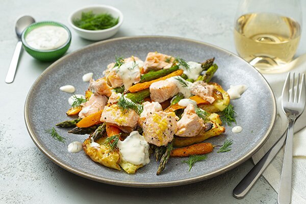 Salmon with Horseradish Dill Sauce, Smashed Potatoes, Baby Carrots and Beans