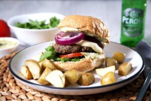 Tuscan Burgers with Bocconcini, Rosemary Potatoes & Pesto Mayonnaise