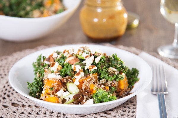 Warm Pumpkin and Quinoa Salad with Almonds, Fetta & Green Goddess Dressing