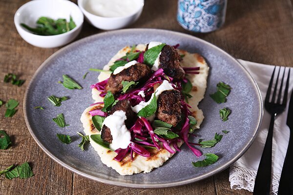 Beef and Lamb Harissa Kofta with Pita, Pickled Cabbage, Mint and Yoghurt