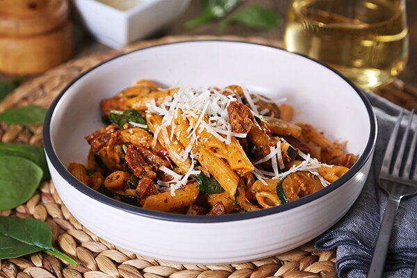 Creamy Chorizo and Red Pesto Pasta with Zucchini & Parmesan