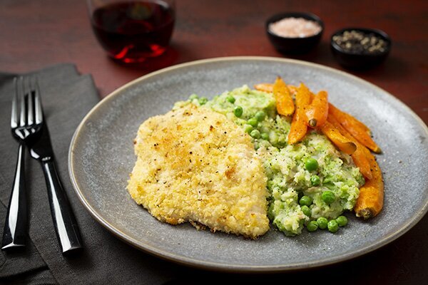 Healthy Baked Chicken Schnitzel with Green Mash and Baby Carrots