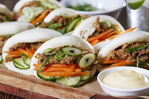 Hoisin Pulled Pork Bao Buns with Quick Pickled Cucumber