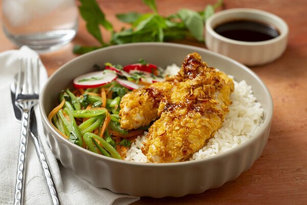 Korean Chicken with a Snow Pea, Radish and Mint Salad