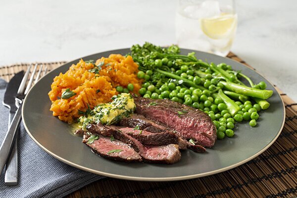 Lamb with Herb Butter, Pumpkin Mash and Green Veggies