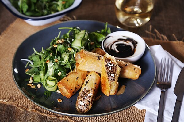 Lebanese Lamb Filo with Cucumber Salad and Pomegranate Molasses Yoghurt