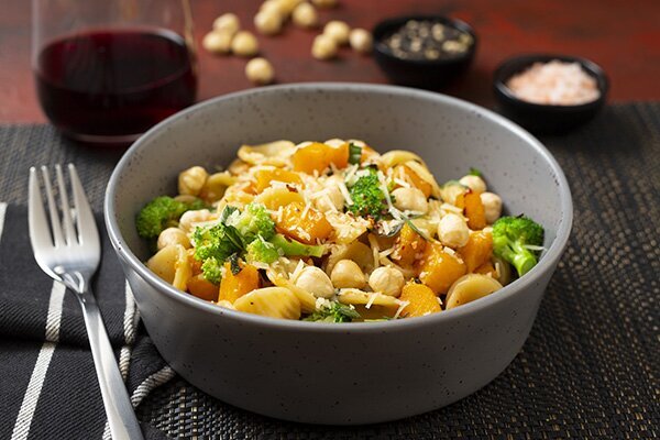 Orecchiette Pasta with Butternut Pumpkin, Broccoli, Chilli, Hazelnut & Mint