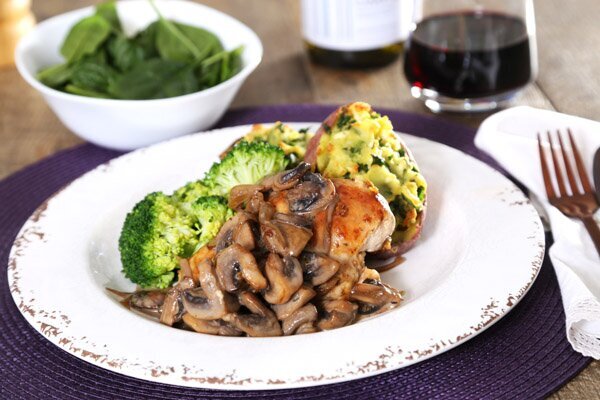 Pan Seared Chicken with Mushroom Sauce and Loaded Baked Potatoes