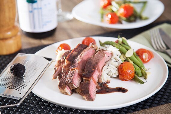 Scotch Fillet with Black Truffle Mash, Almond Beans & Red Wine Jus