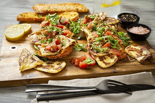 Seared Haloumi Bruschetta with Rocket and Fresh Herb Dressing