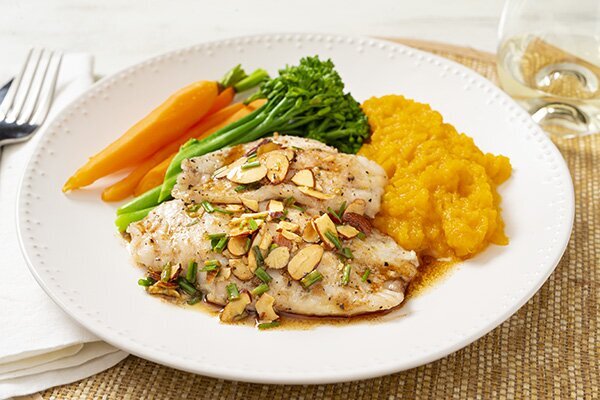 Snapper Almondine with Pumpkin Mash, Broccolini and Baby Carrots