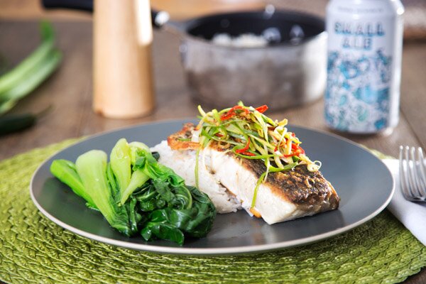 Barramundi with Sizzled Ginger, Chilli & Garlic, Asian Greens & Coconut Rice