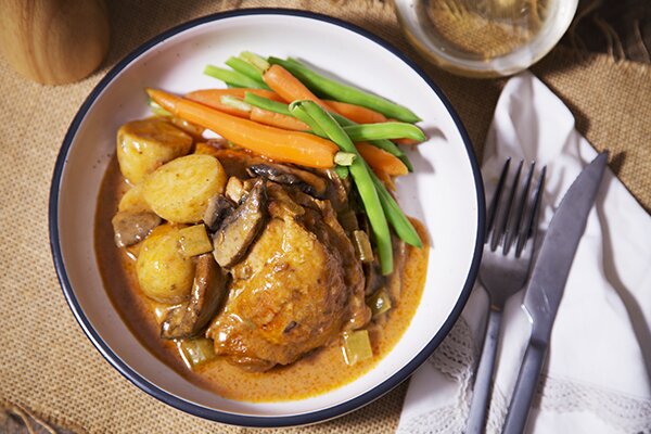 French Chicken Casserole with Thyme, Mushrooms and Chat Potatoes