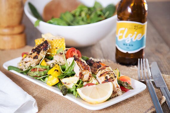 Barbequed Lemon and Mustard Chicken Thighs with Buttered Corn, Squash and Asparagus Salad