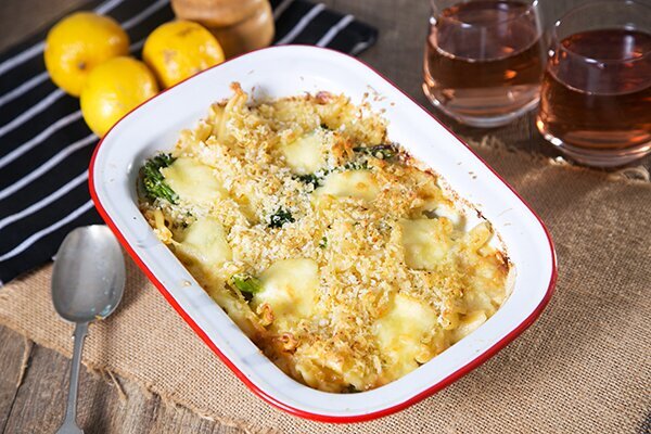 Cheesy Alfredo Pasta Bake with Greens & Parmesan Crumb