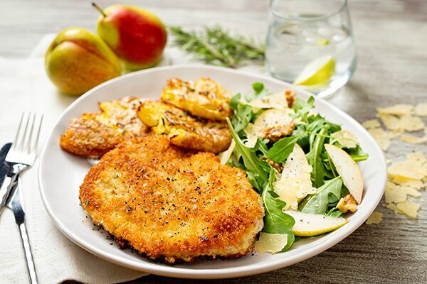 Chicken Milanese with Rosemary Smashed Potatoes and a Pear and Rocket Salad