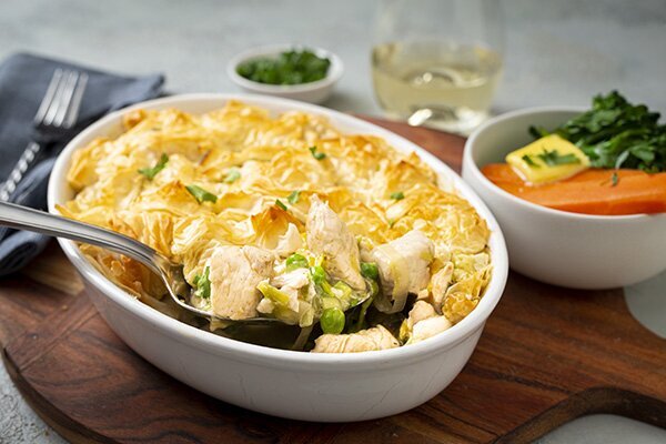 Chicken and Leek Pot Pie with Crispy Filo Topping and Buttered Carrots and Broccolini