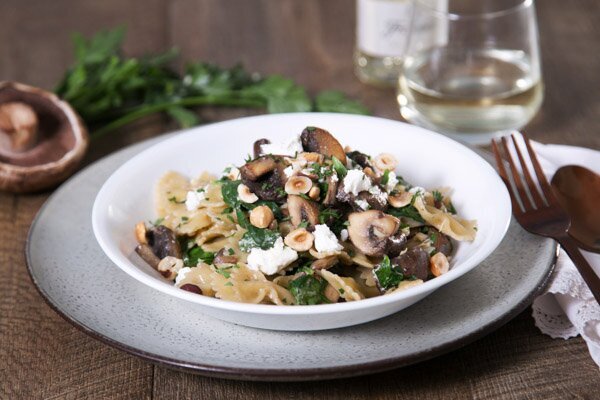 Goats Cheese, Mushroom & Spinach Farfalle with White Wine and Hazelnuts