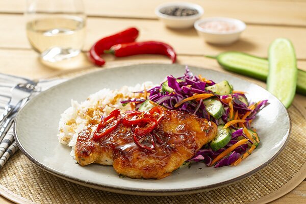 Honey Garlic Chilli Chicken with Asian Slaw and Jasmine Rice