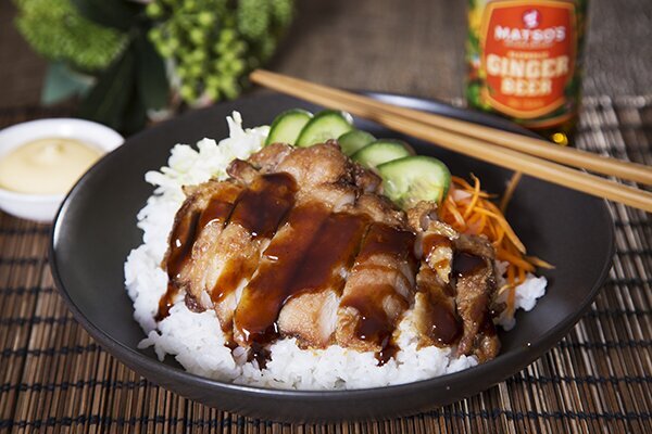 Karaage Chicken Donburi Bowl with Pickled Carrot and Ginger, Cabbage and Tonkatsu Sauce