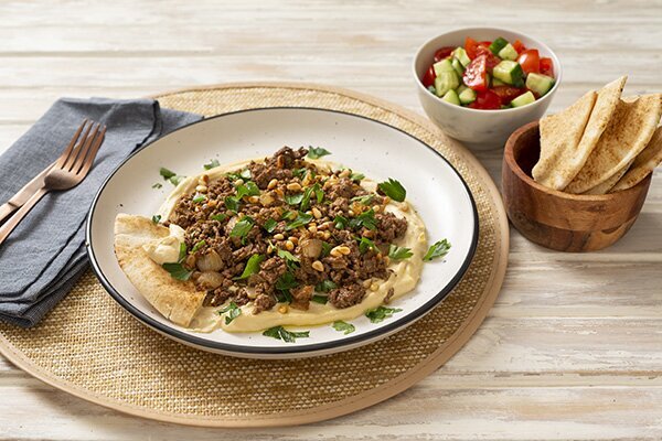 Middle Eastern Lamb and Beef with Hummus, Pita and Chopped Salad