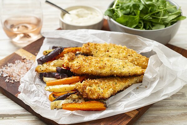 Parmesan and Garlic Herb Crusted Snapper with Rainbow Chips