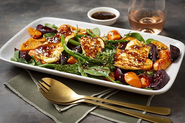 Seared Haloumi with Roasted Veg, Chickpeas and Sweet Onion Dressing