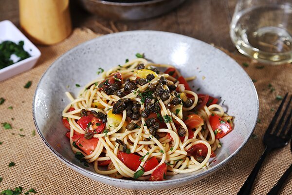 Spaghetti with Fresh Tomato Chilli, Capers and Burnt Butter