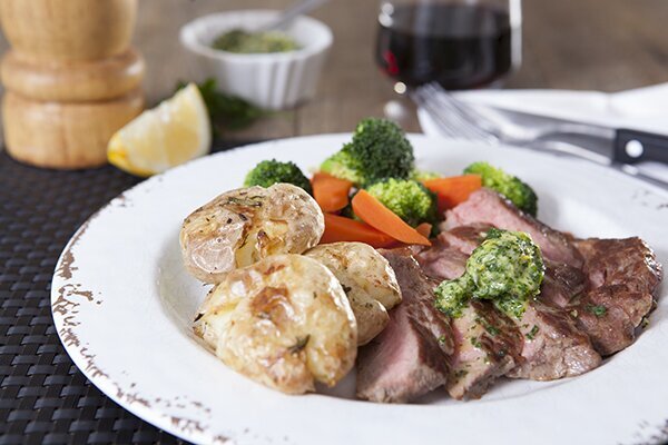 Steak with Garlic & Herb Butter, Crispy Smashed Potatoes & Steamed Vegetables