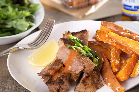 Steak with Lemon, Miso and Chilli Sauce, Sesame Wedges & Green Salad