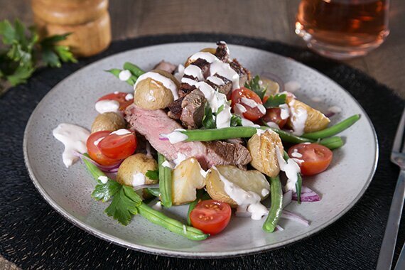 Steak with Potato, Green Beans and Tomato Salad in a Horseradish & Sour Cream Dressing