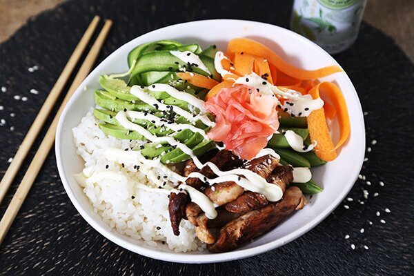 Teriyaki Chicken and Avocado Sushi Poke Bowl with Pickled Ginger