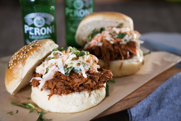 Smoky Barbeque Pulled Pork Burgers In a Sesame Seed Turkish Bun