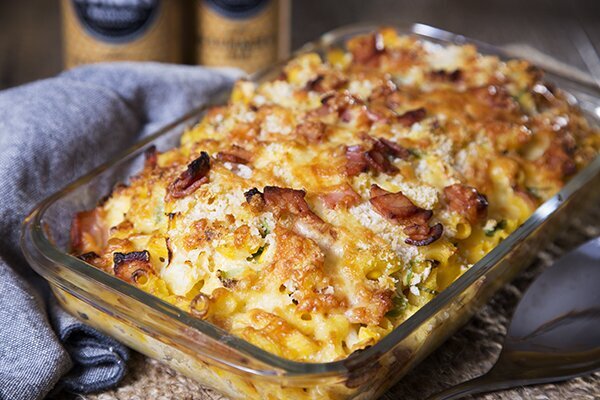 3 Veg Bacon Mac and Cheese with Cheesy Panko Topping