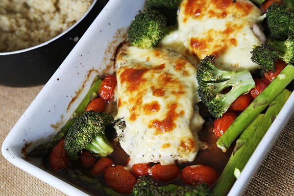 Baked Mozzarella Chicken with Tomatoes, Asparagus, Broccoli & Quinoa