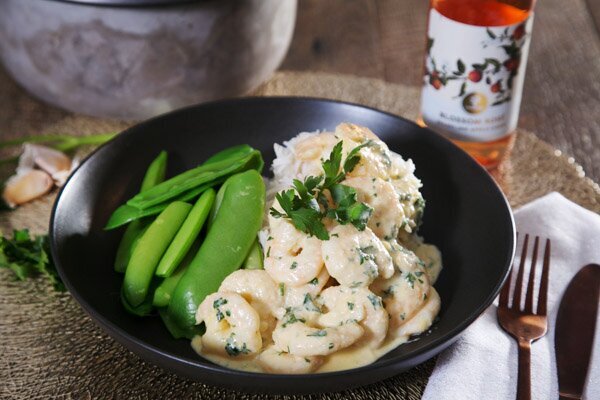 Creamy Garlic Prawns with Jasmine Rice, Pak Choy and Snow Peas