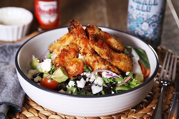 Crunchy Buffalo Chicken Salad with Avocado, Hot Sauce & Ranch Dressing