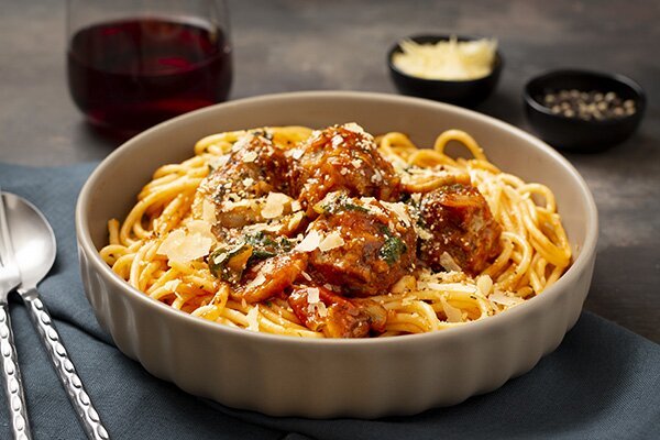 Fast Spaghetti and Meatballs with Mushrooms and Parmesan