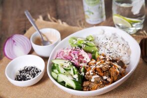 Japanese Inspired Ginger Beef Bowl with Pickled Red Onion & Tonkatsu Mayo