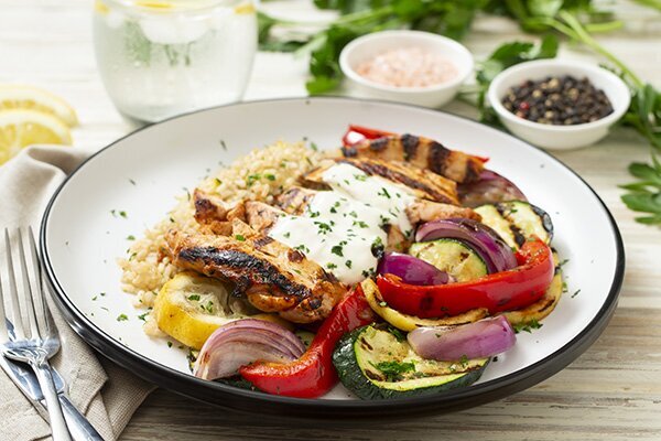 Mediterranean Grilled Chicken and Grilled Veg with Lemon Garlic Rice