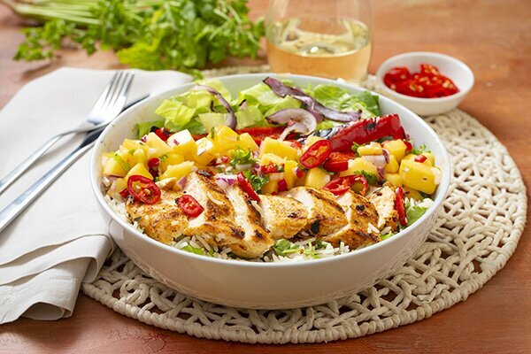 Mexican Chicken Poke Bowl with Mango Salsa