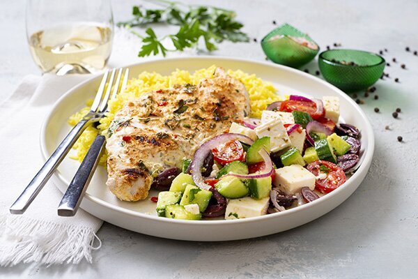 Yoghurt Herb Marinated Chicken with Turmeric Rice and a Greek Salad