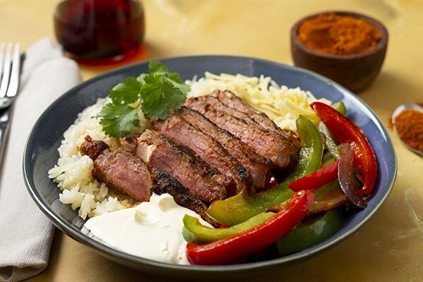 Beef Fajitas Bowl with Capsicum, Onions and Garlic Rice