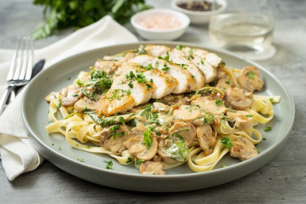 Creamy Chicken Stroganoff with Mushrooms and Baby Spinach