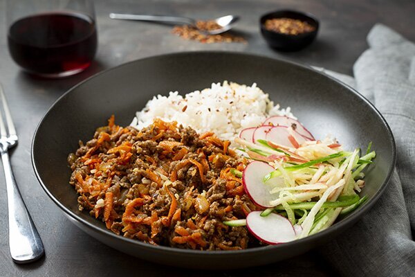 Firecracker Pork and Jasmine Rice with Fresh Cucumber, Pickled Apple and Radish