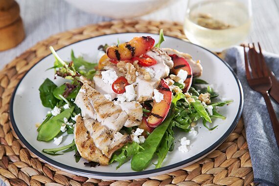 Grilled Chicken & Peach Salad with Crumbled Fetta & Walnuts