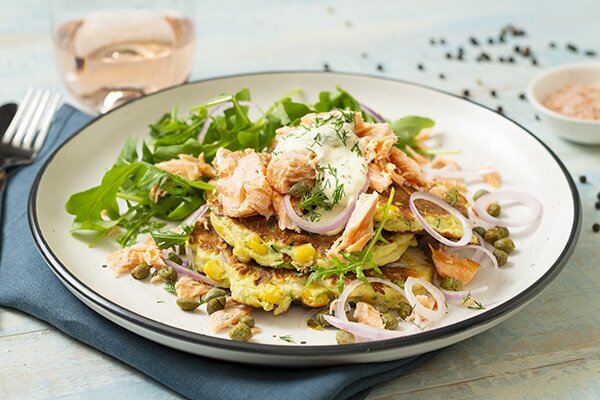 Hot Smoked Salmon with Corn and Zucchini Blinis and Horseradish Dill Sauce