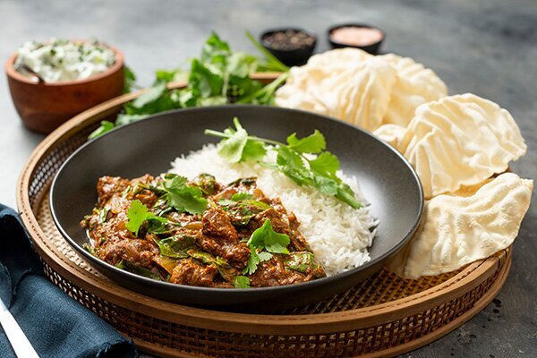 Quick and Easy Lamb Rogan Josh with Pappadums and Raita